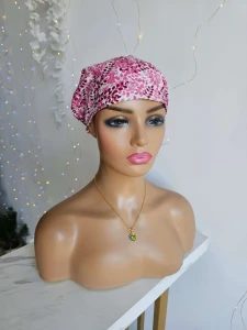 Turban bawełniany Ania 01 – różowy print na białym tle