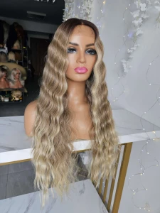Loren peruka premium fale, mix piaskowy blond z odrostem lace front 